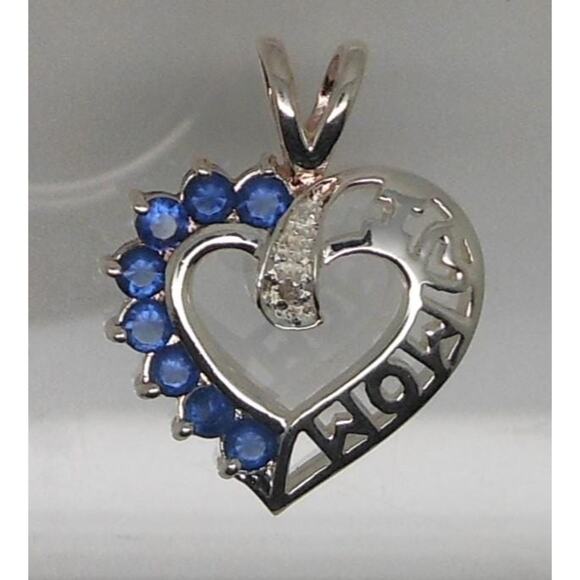 Beautiful Sterling Silver I Love Mom Necklace Pendant Simulated Sapphire CZ - Picture 4 of 10